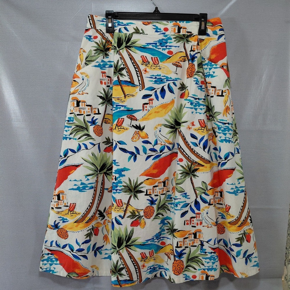 St. John's Bay Tropical Scenic Aline Midi Skirt PL Elastic Waist Beach Palm Tree